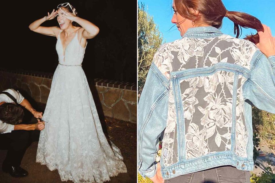 <p>Amanda Lynn; Allie Goecke-Butler</p> Allie Goecke-Butler at her wedding; Allie Goecke-Butler showcasing her wedding dress turned into a jacket