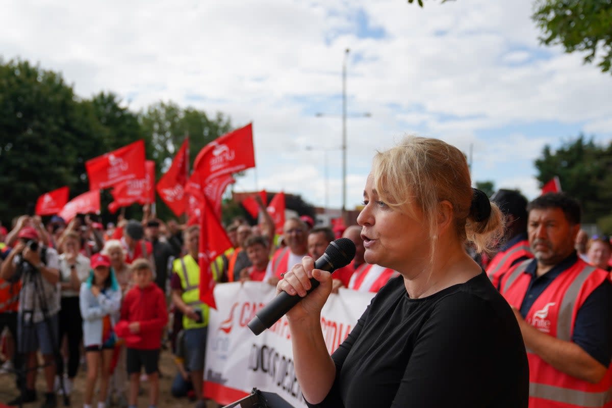 Unite general secretary Sharon Graham speaks to members on a picket line (Joe Giddens/PA) (PA Wire)