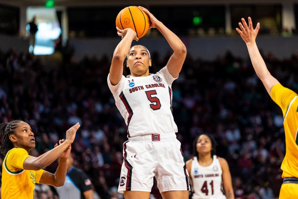 Mar 17, 2023; Columbia, SC, USA; South Carolina Gamecocks forward Victaria Saxton (5) shoots against the Norfolk State Spartans in the first half in the first round of the 2023 NCAA Division 1 women’s basketball tournament at Colonial Life Arena. Mandatory Credit: Jeff Blake-USA TODAY Sports