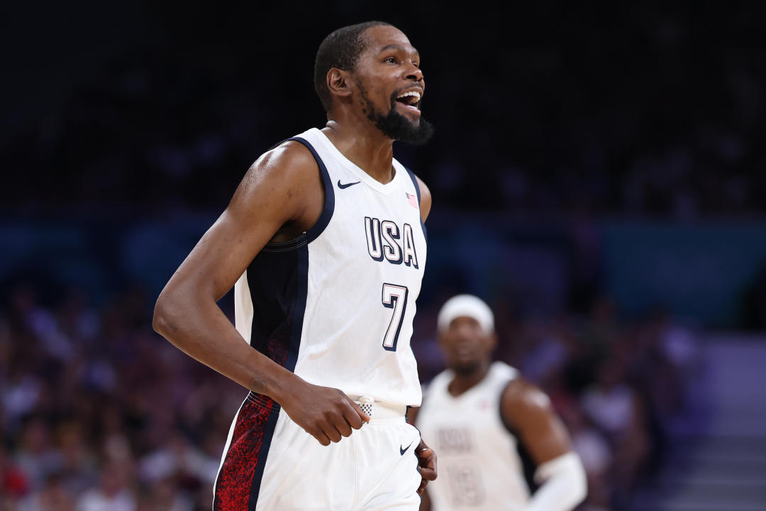 LILLE, FRANCE - JULY 31: Kevin Durant #7 of Team United States reacts during a Men's Group Phase - Group C game between the United States and South Sudan on day five of the Olympic Games Paris 2024 at Stade Pierre Mauroy on July 31, 2024 in Lille, France. (Photo by Gregory Shamus/Getty Images)