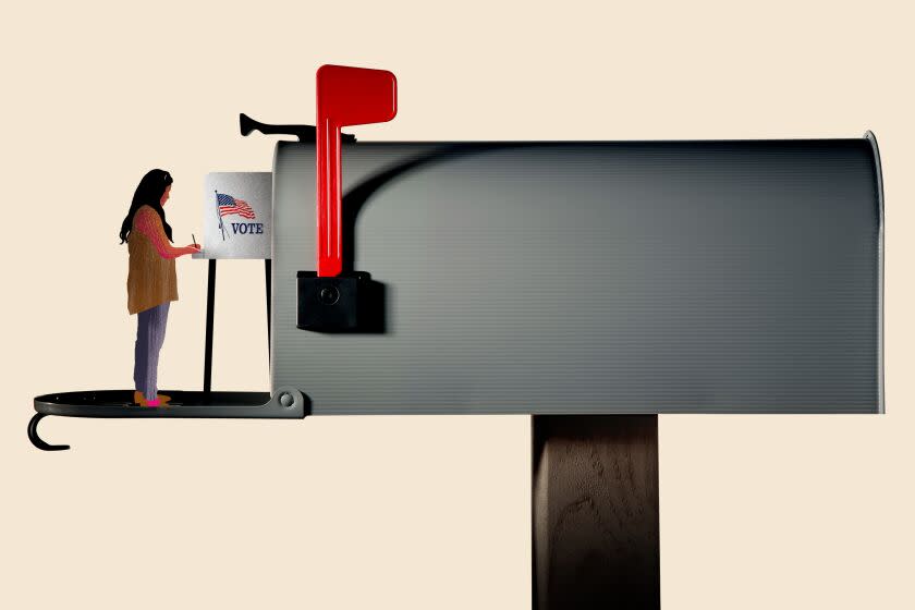 Illustration of a figure voting inside a mailbox with the red flag raised.