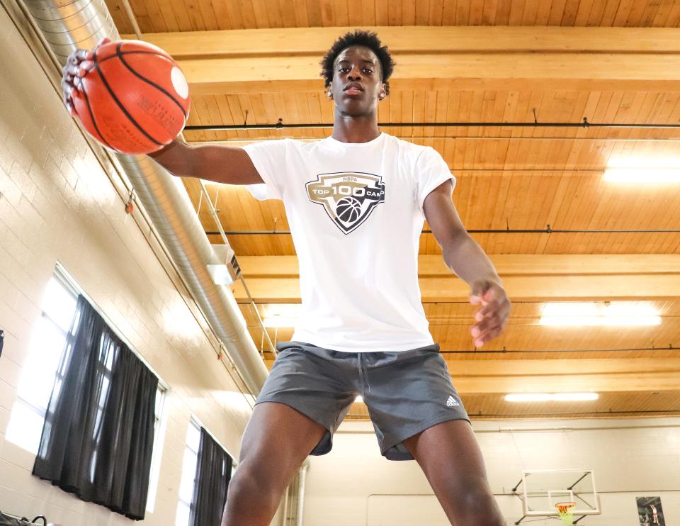 Brockton's AJ Dybantsa, 16, the top-rated freshman basketball player in the country according to ESPN Top 100, during a workout at Jubilee Christian Church in Stoughton on Monday, July 10, 2023.