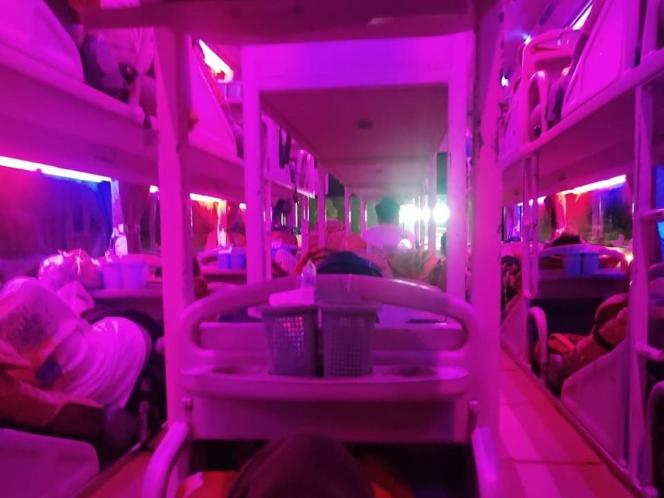 Interior view of 24 hour sleeper bus from Vietnam to Laos.