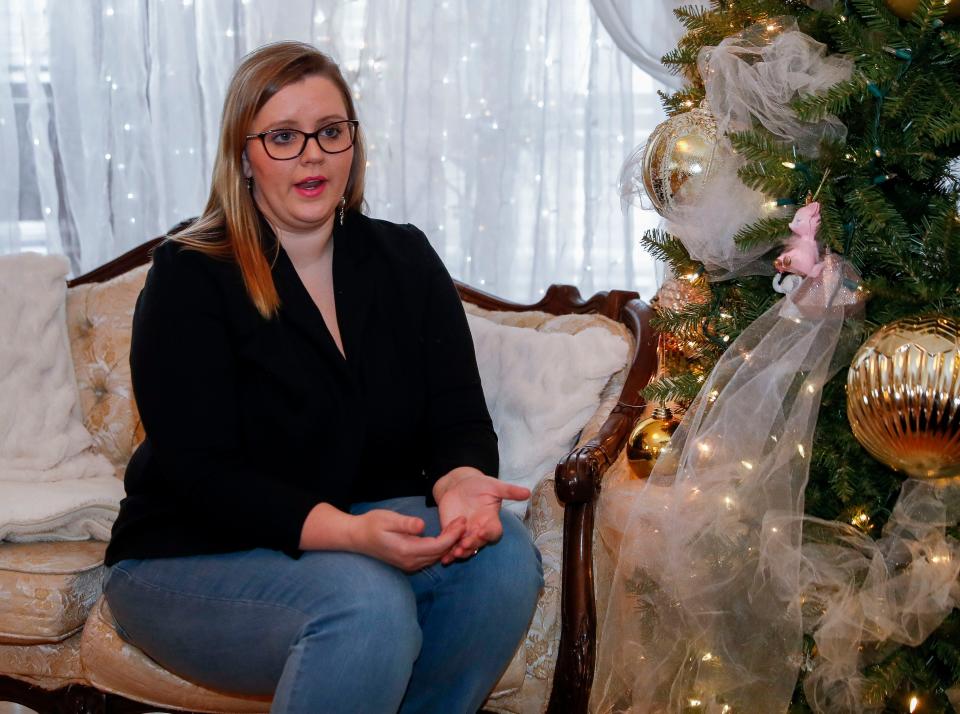 Rachel Stormoen speaks during an interview on Tuesday, Jan. 10, 2023, at Le Chateau Bed & Breakfast in Wisconsin Rapids, Wis. Stormoen and her husband, Mike, recently moved back to the area and purchased the bed and breakfast.