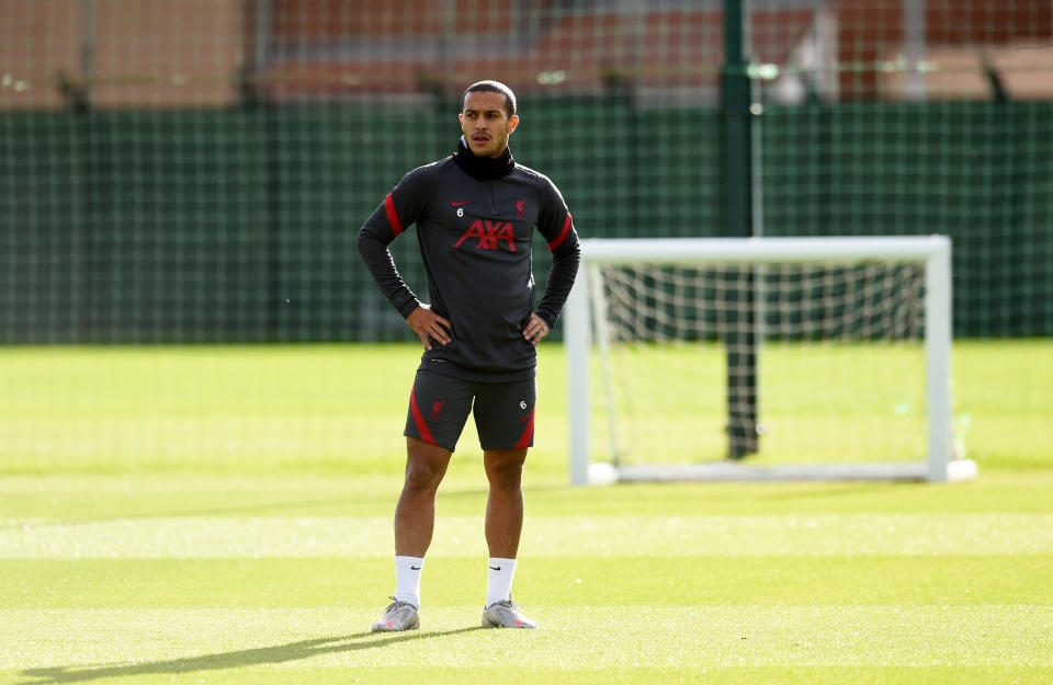 LIVERPOOL, ENGLAND - SEPTEMBER 25: (THE SUN OUT, THE SUN ON SUNDAY OUT) Thiago Alcantara of Liverpool during the training session at Melwood Training Ground on September 25, 2020 in Liverpool, England. (Photo by Andrew Powell/Liverpool FC via Getty Images)