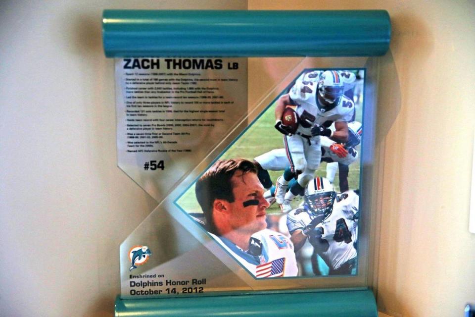 Former Miami Dolphins linebacker Zach Thomas’ Dolphins Honor award, Hillsborough Beach, Florida, Tuesday, January, 21, 2020. Thomas will be considered to be inducted into the NFL Hall of Fame for 2020.