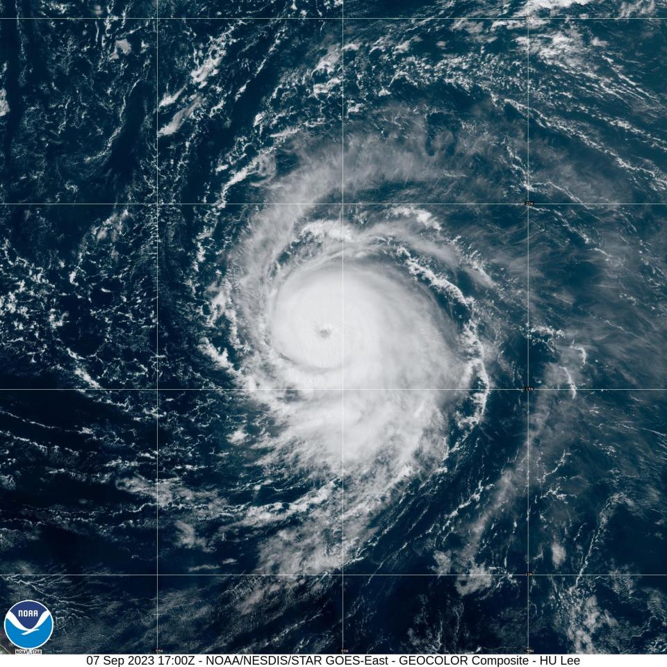 Weather enthusiasts are watching what could be an unprecedented transformation an Atlantic tropical cyclone Thursday as Hurricane Lee rapidly intensifies, as seen in this image provided by the National Oceanic and Atmospheric Administration.