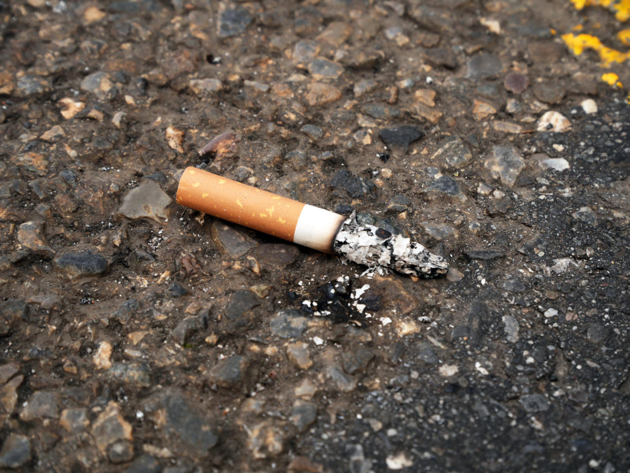 A cigarette butt with its filter and ash discarded on a street in Paris, France. No visible registered trademark. Light and natural colors.