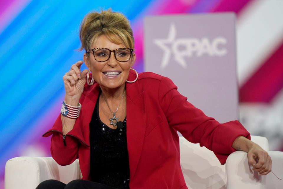 Former Alaska Gov. Sarah Palin makes a joke about the size of the state of Texas compared to Alaska during her appearance at the Conservative Political Action Conference (CPAC) in Dallas, Thursday, Aug. 4, 2022.