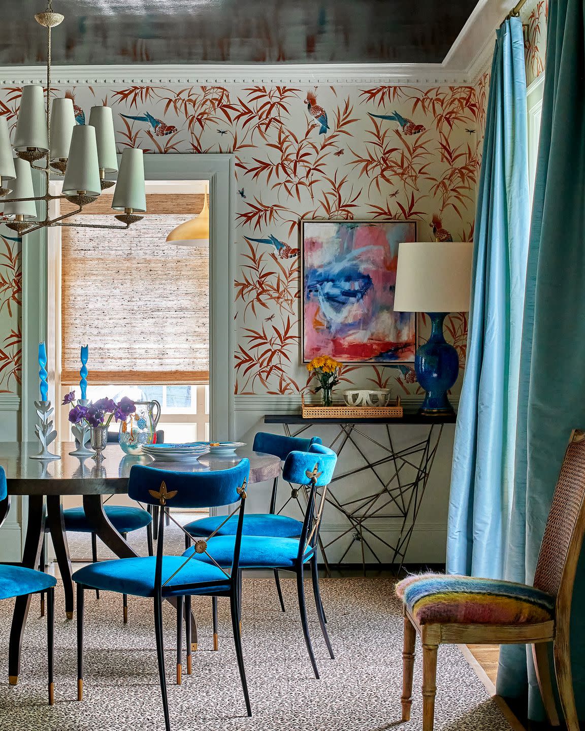dining room with blue chair blue curtain