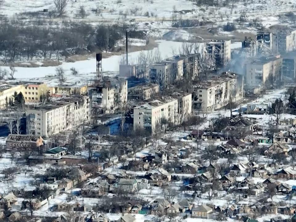 FILE - video footage of Bakhmut shot from the air with a drone for The Associated Press on Monday, Feb. 13, 2023, shows how the longest battle of the year-long Russian invasion has turned the city of salt and gypsum mines in eastern Ukraine into a ghost town.