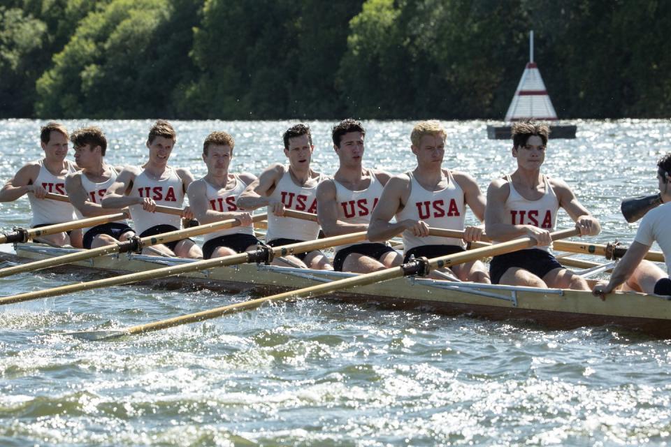 sam strike stars as roger morris, thomas elms as chuck day, joel phillimore as gordy adam, tom varey as johnny white, wil coban as jim mcmillan, bruce herbelinearle as shorty hunt, callum turner as joe rantz, jack mulhern as don hume and luke slattery as bobby moch, the boys in the boat