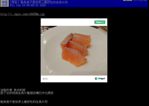 網友貼文發問「鮭魚是不是世界上最好吃的生魚片阿」（圖／翻攝自PTT）