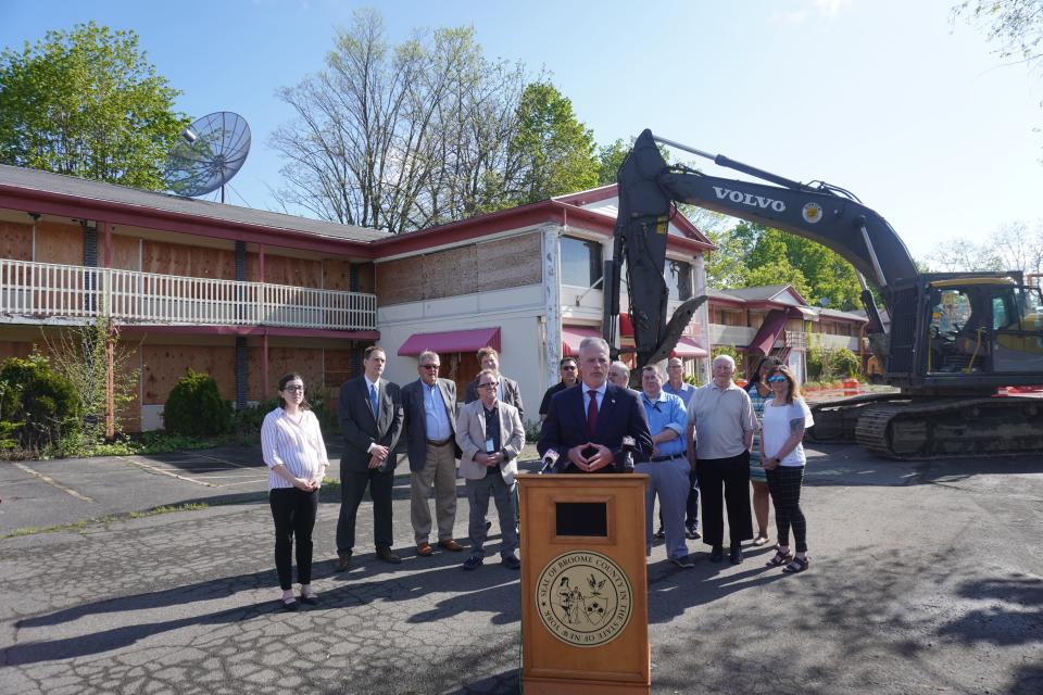 Broome County Executive Jason Garnar speaks ahead of the Red Carpet Inn's demolition on West Main Street in Endicott.