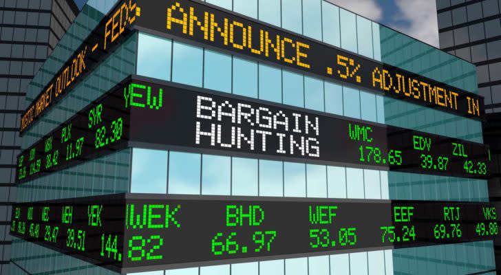 a computer rendering of a building with LED tickers that say "Bargain Hunting" among other stock related information