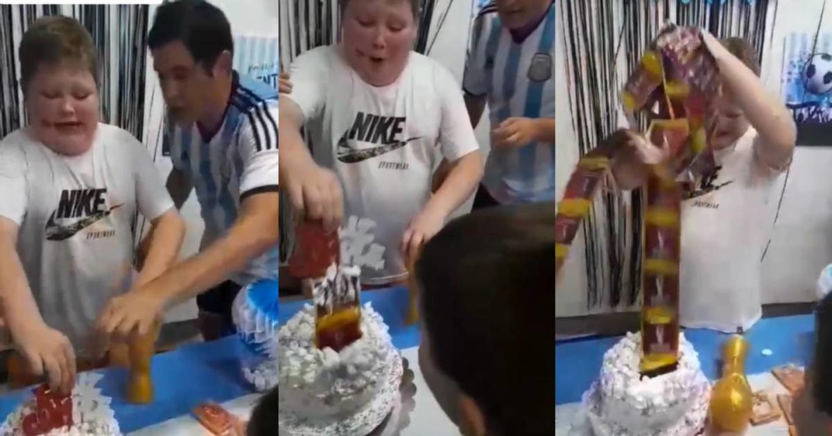 Niño estalla en felicidad porque su pastel estaba lleno de sobres del álbum  Qatar 2022