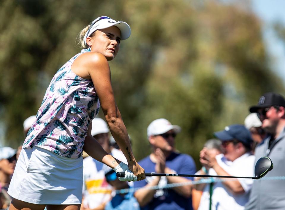 Lexi Thompson of the United States tees off on two during round two of the Chevron Championship at Mission Hills Country Club in Rancho Mirage, Calif., Friday, April 1, 2022.