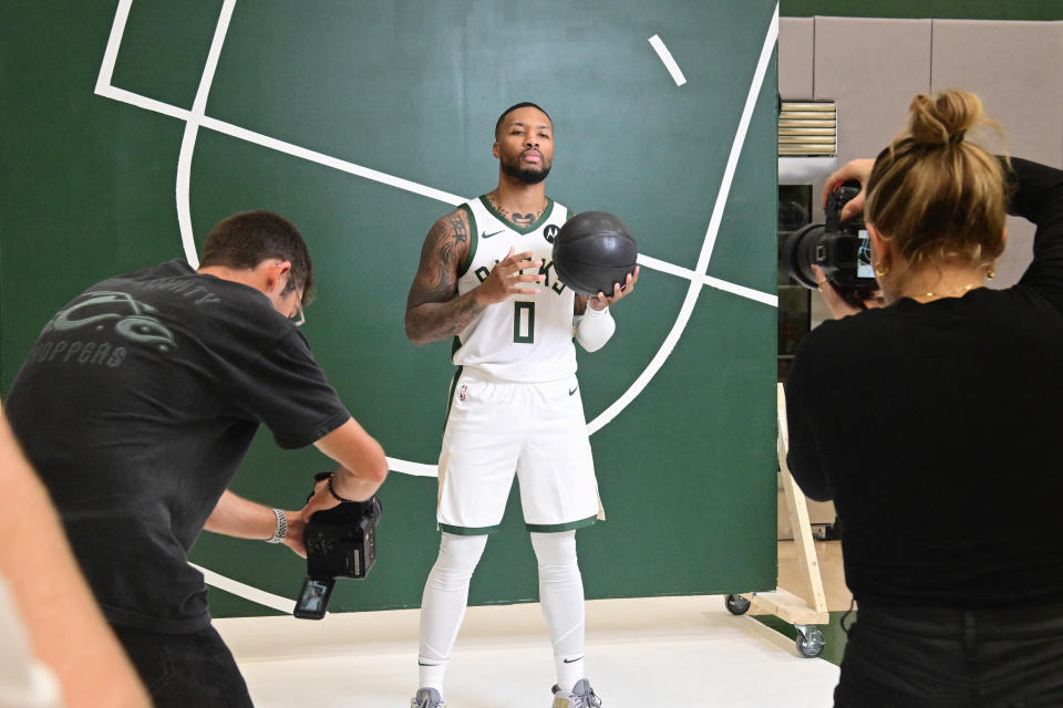 Milwaukee Bucks guard Damian Lillard poses for a photo during media day in Milwaukee on Oct. 2, 2023. (Benny Sieu/USA TODAY Sports)