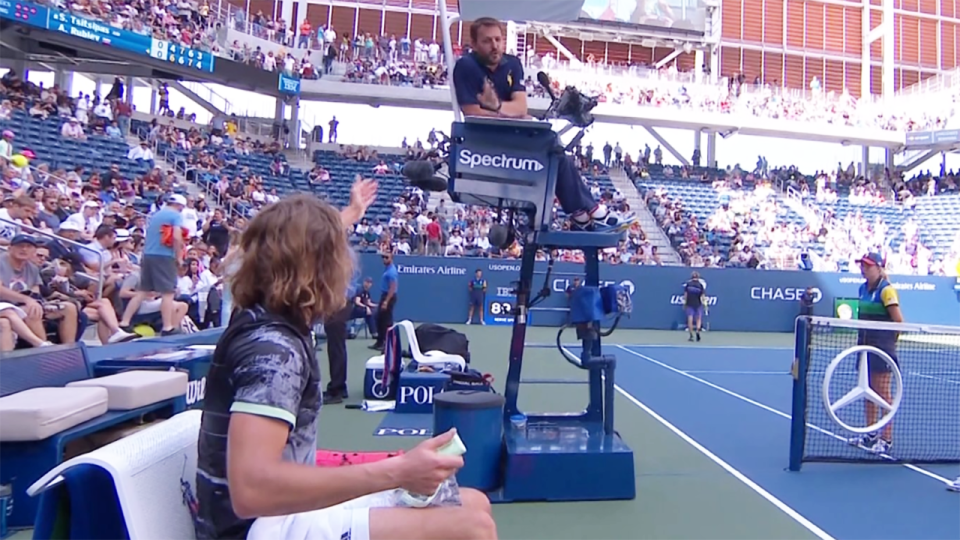 Stefanos Tsitsipas, pictured here after calling the umpire a 'weirdo'. Image: Eurosport