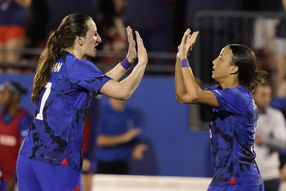 United States forward Mallory Swanson, right, celebrates her goal with teammate United States midfielder Andi Sullivan (17) during the second half of a SheBelieves Cup soccer match against Brazil Wednesday, Feb. 22, 2023, in Frisco, Texas. The United States won 2-0. (AP Photo/LM Otero)