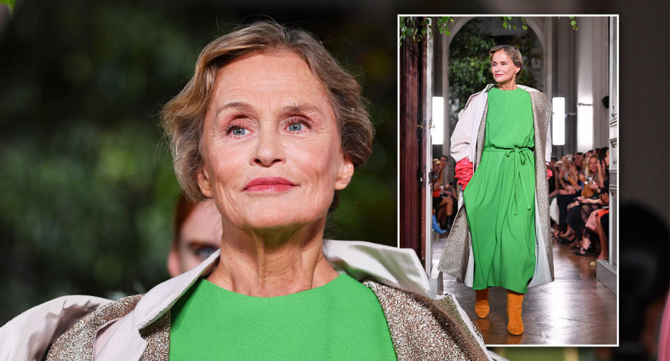 Lauren Hutton walks the Valentino catwalk at Paris Fashion Week. [Photo: Getty]