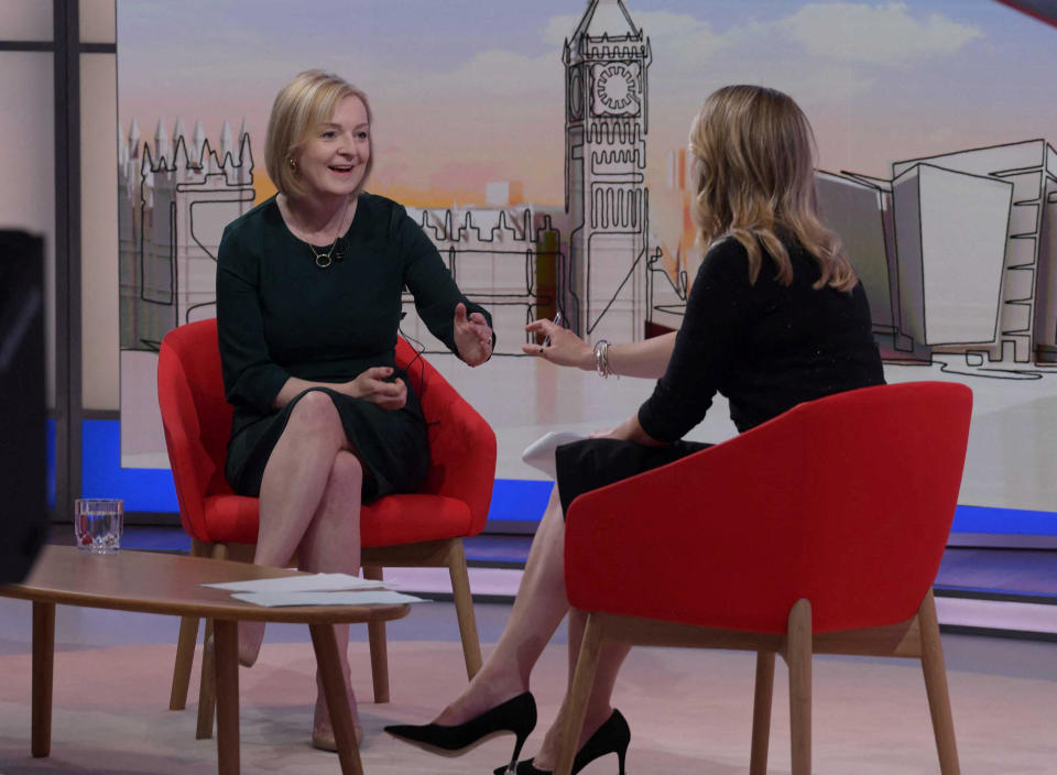 Conservative leadership candidate Liz Truss appears on BBC's Sunday with Laura Kuenssberg show presented by Laura Kuenssberg in London, Britain, September 4, 2022.&nbsp; / Credit: Jeff Overs/BBC/Handout via REUTERS