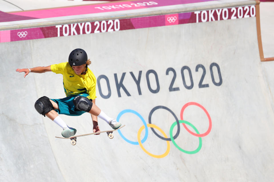 TOKYO, JAPAN - AUGUST 05: Keegan Palmer of Team Australia competes during the Men's Park Final on day thirteen of the Tokyo 2020 Olympic Games at Ariake Urban Sports Park on August 05, 2021 in Tokyo, Japan. (Photo by Abbie Parr/Getty Images)