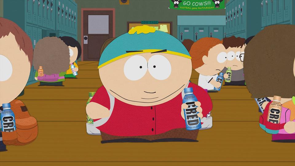 Eric Cartman with a bottle of "Cred" sports drink in the Paramount+ special "South Park (Not Suitable For Children)"