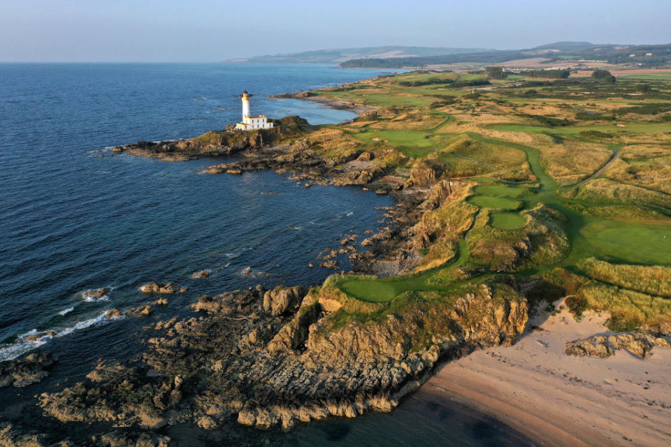 The par-3 ninth hole pictured from above at Trump Turnberry