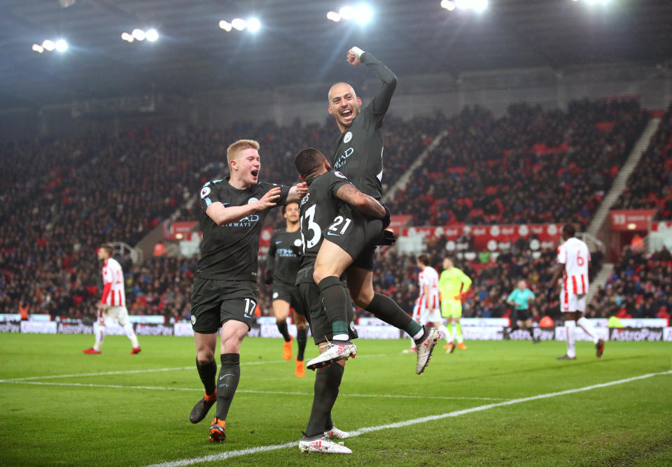 David Silva celebrates his opening goal in Manchester City’s win over Stoke.