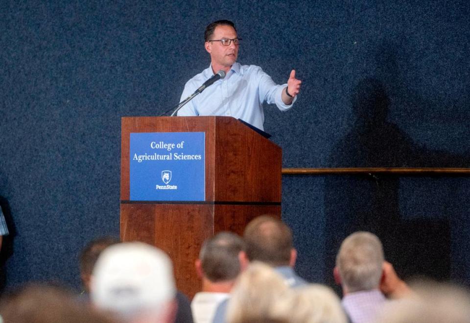 Pennsylvania Gov. Josh Shapiro speaks at the Penn State Ag Progress Days on Wednesday, Aug. 9, 2023.