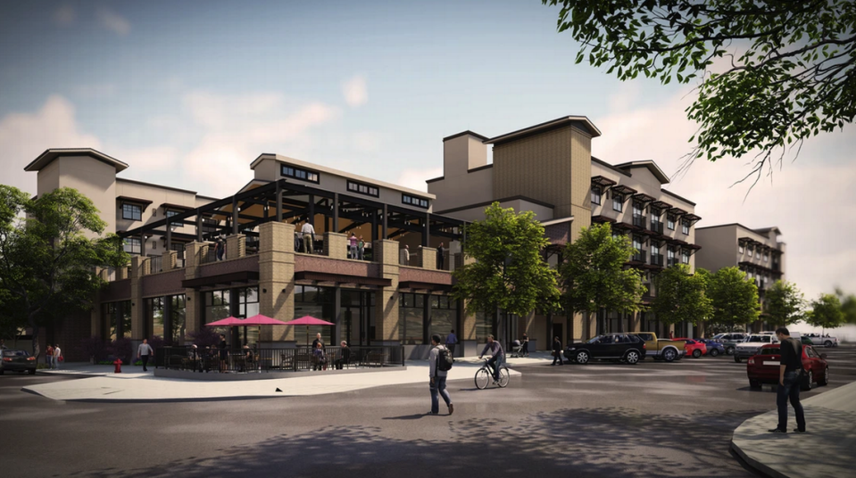 The four-story AVA Hotel, seen here in a rendering and under construction on Pine Street in Paso Robles in October 2023, will feature a rooftop pool and bar catering to wine country tourists. The projected opening date is in spring or summer 2025.