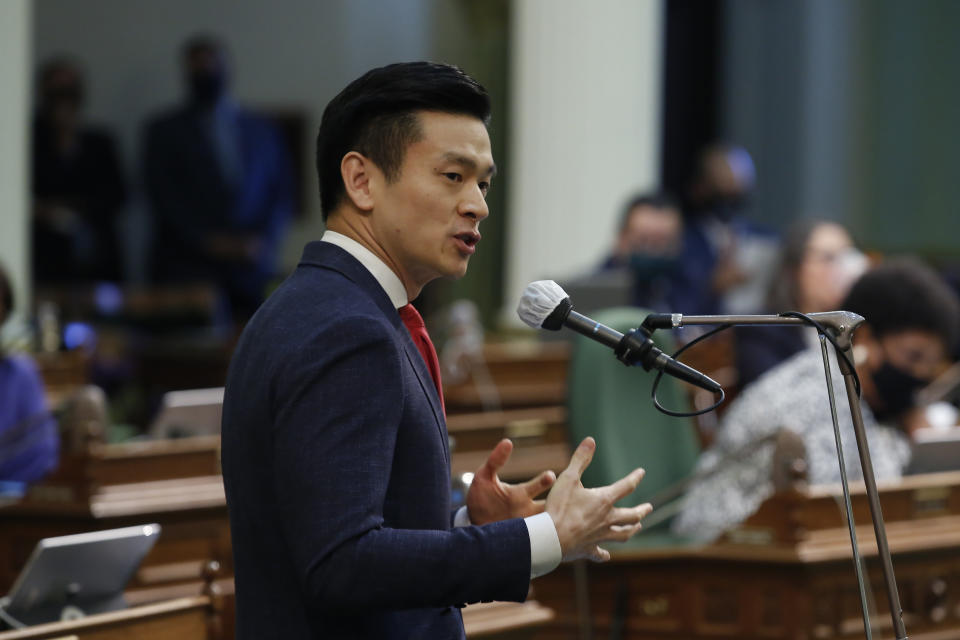 FILE - In this June 10, 2020 file photo Democratic Assemblyman Evan Low speaks on the floor of the Assembly at the Capitol in Sacramento, Calif. California lawmakers had passed a series of reforms to the state's conservatorship system in 2006, but they were never implemented by the courts because of budget cuts during the recession in 2008 — the same year Britney Spears was placed in the conservatorship after suffering a mental health crisis. T (AP Photo/Rich Pedroncelli, File)