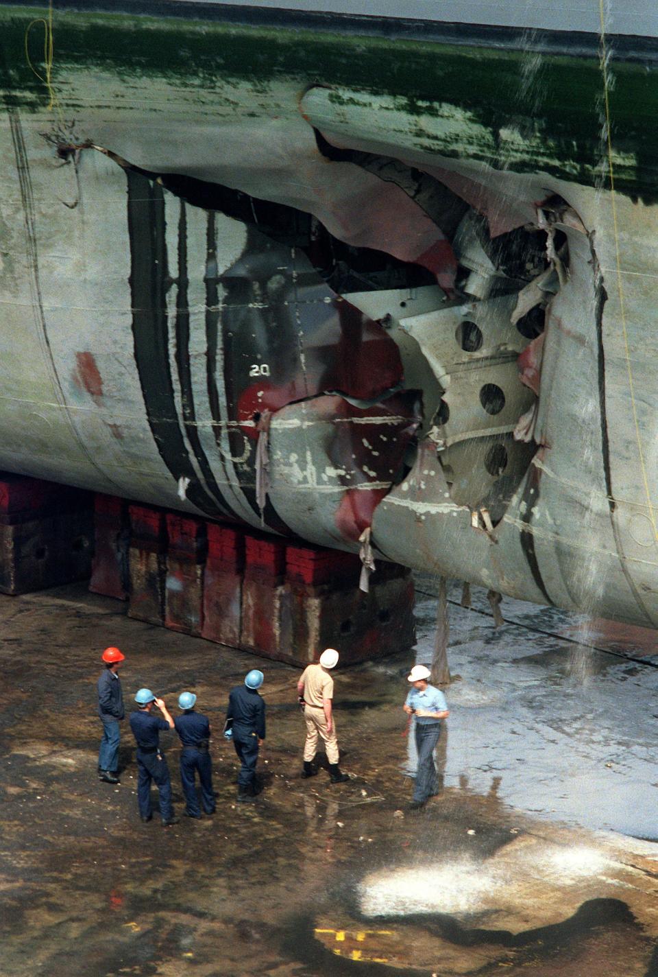 Navy amphibious assault ship USS Tripoli mine damage