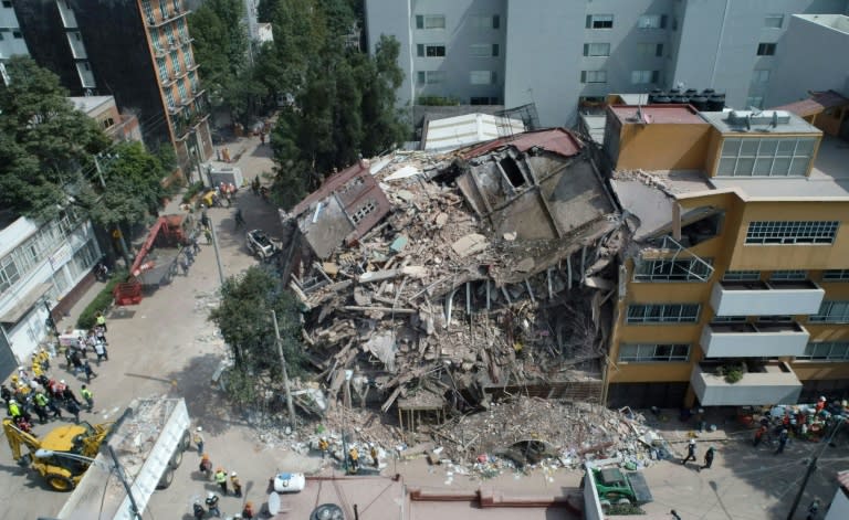 Aerial view of a collapsed building in Mexico City