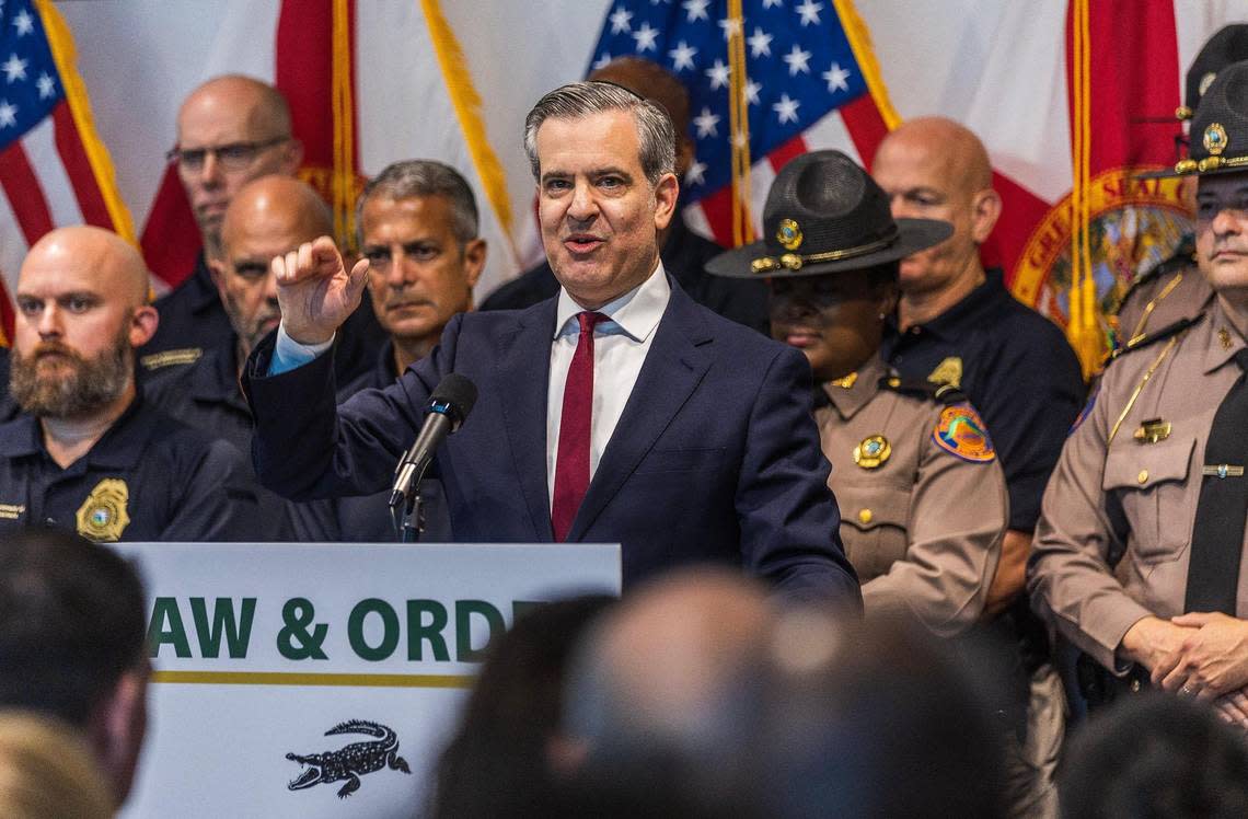 Miami Beach Mayor Steven Meiner joined Florida Gov. Ron DeSantis at a press conference about spring break at the Miami Beach Convention Center on Tuesday. Pedro Portal