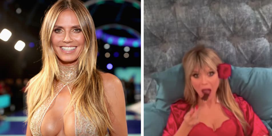 Heidi Klum, 49, has legs for days while eating cake from her crotch in lingerie