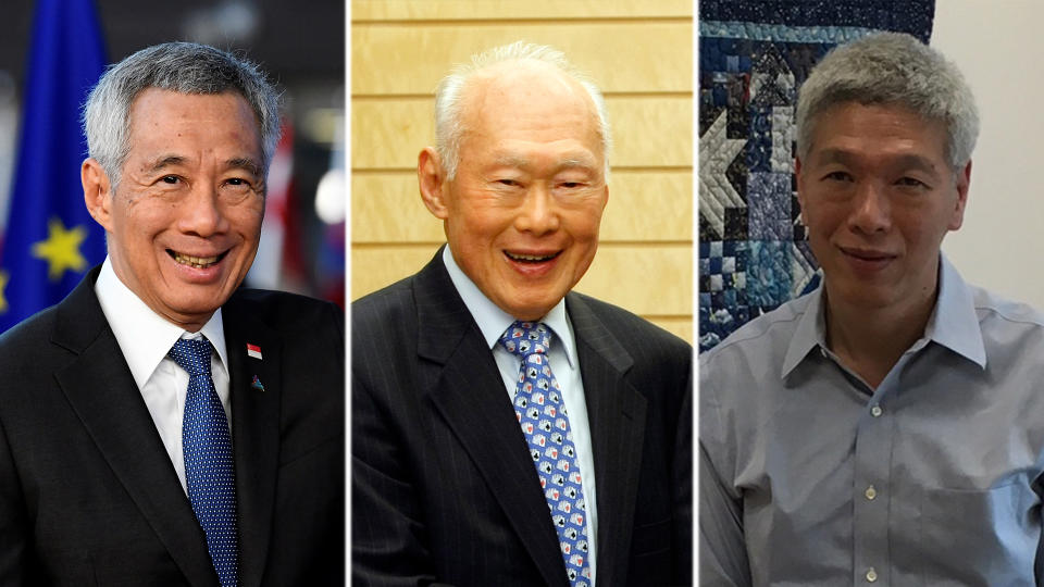 (L-R) Singapore Prime Minister Lee Hsien Loong, his late father Lee Kuan Yew and his younger brother Lee Hsien Yang. (PHOTO: Reuters/Nicholas Yong/Yahoo News Singapore)