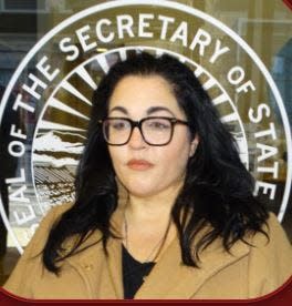 Terpsehore "Tore" Maras, a candidate for Ohio secretary of state running with no party affiliation. The Q'Anon adherent, once a "secret witness" in the attempt to overthrow the 2020 election for Donald Trump, wants to eliminate all voting machines and return to paper ballots.