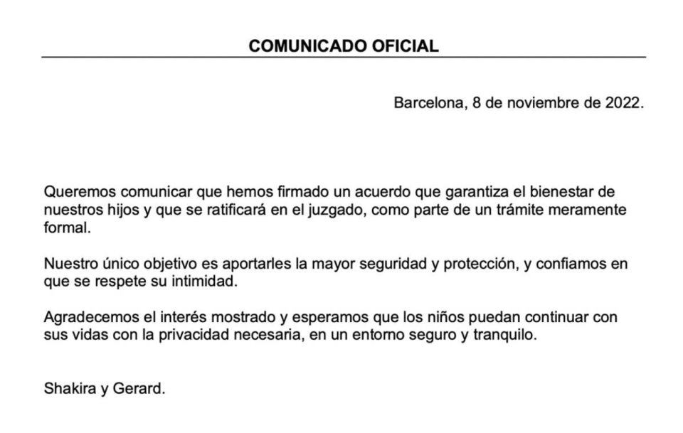 Comunicado oficial de Shakira y Piqué. (Cortesía)