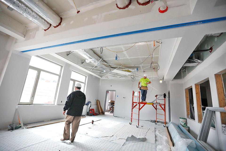 The eating area of the new Father Bill's and Mainspring emergency shelter, which will double as a large gathering space, on Thursday, March 23, 2023.