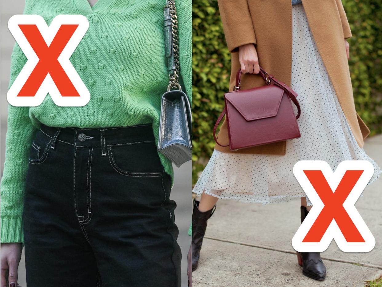 x over woman wearing a green sweater and high waisted jeans and an x over a woman wearing a midi skirt and camel coat