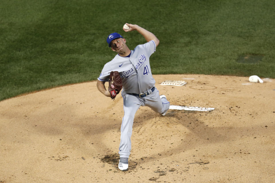 Kansas City Royals starting pitcher Danny Duffy delivers during the first inning of a baseball game against the Chicago Cubs Monday, Aug. 3, 2020, in Chicago. (AP Photo/Charles Rex Arbogast)