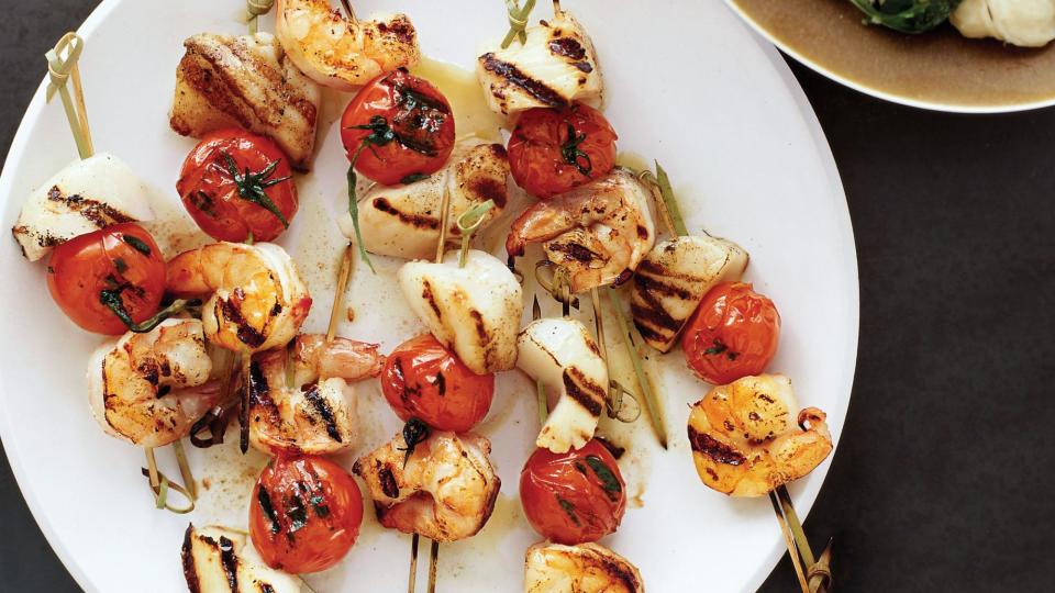 Grilled Seafood Kebabs and Orecchiette with Arugula