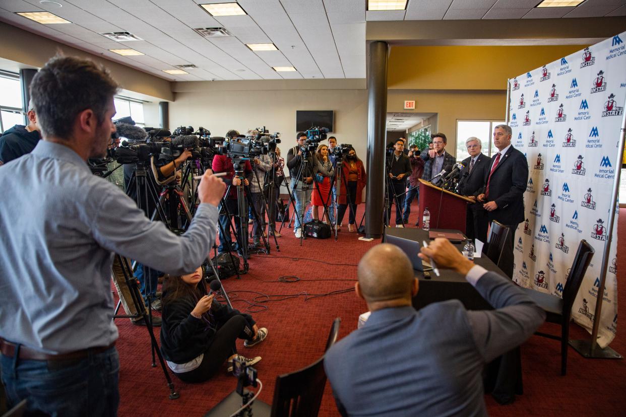 Former NMSU Chancellor Dan Arvizu and NMSU Director of Athletics Mario Moccia answer questions about the hazing allegations against the university’s basketball team during a news conference on Wednesday, Feb. 15, 2023, at the Stan Fulton Center.