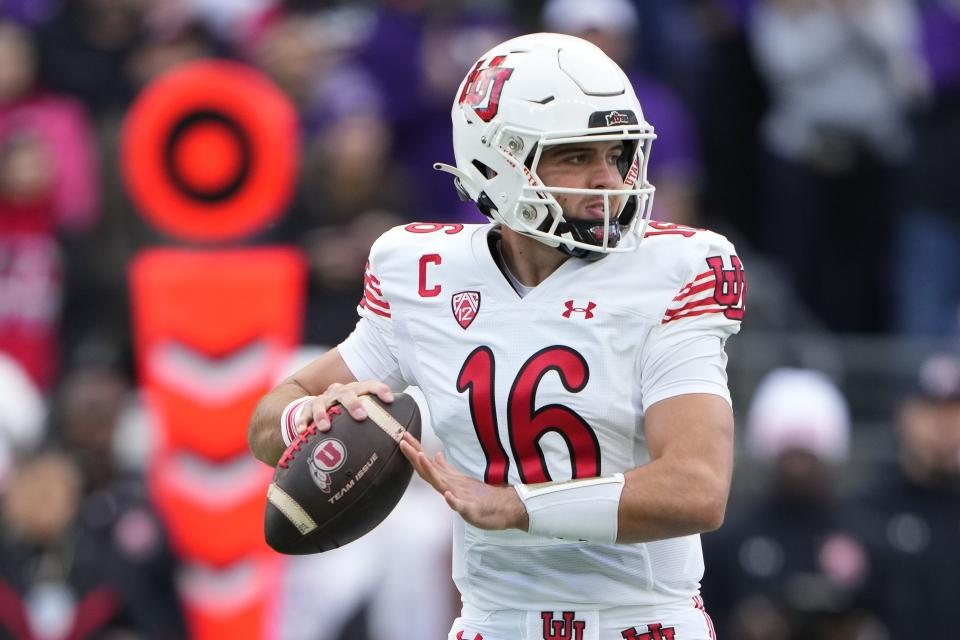 Utah quarterback Bryson Barnes looks to throw against Washington during the first half of an NCAA college football game Saturday, Nov. 11, 2023, in Seattle. | Lindsey Wasson, Associated Press