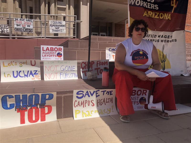 Members of the United Campus Workers of Arizona march to the Arizona Board of Regents meeting on the University of Arizona campus on April 18, 2024.