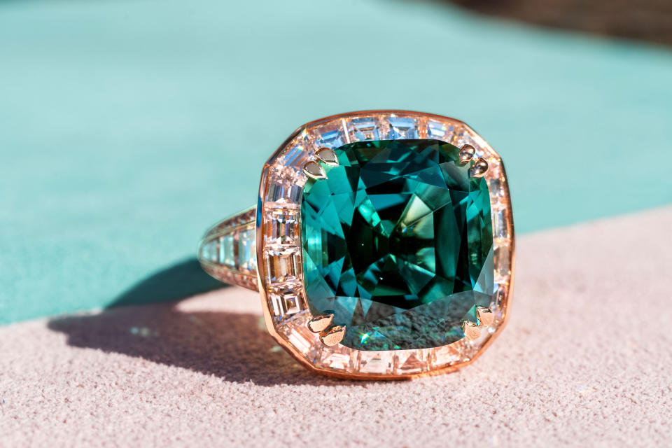 Maddy's Indicolite Ring with Custom-Cut Diamonds. (PHOTO: Madly Gems)