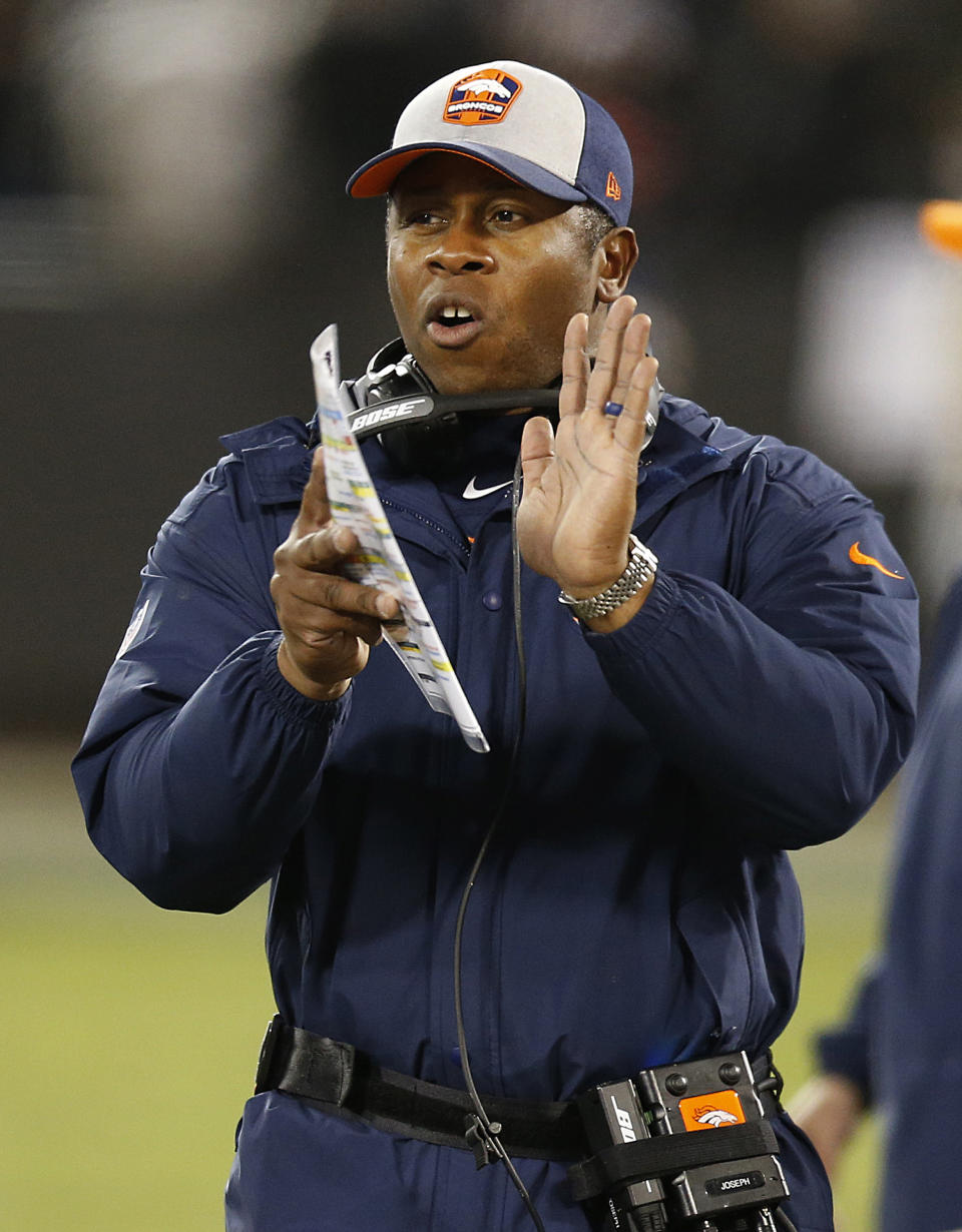 Denver Broncos head coach Vance Joseph gestures during the second half of an NFL football game against the Oakland Raiders in Oakland, Calif., Monday, Dec. 24, 2018. (AP Photo/D. Ross Cameron)