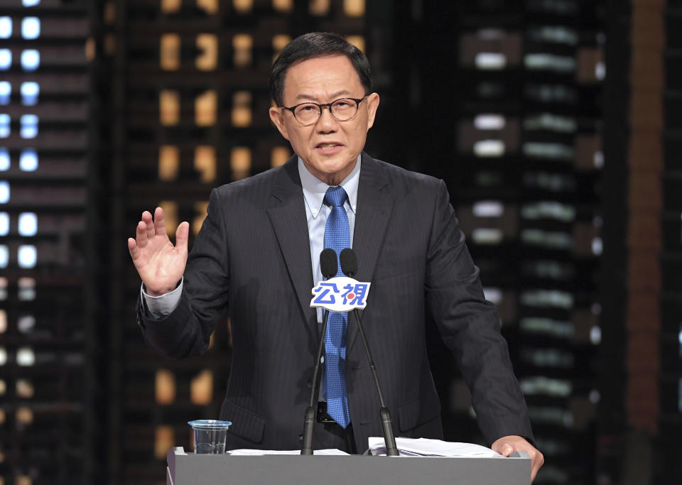 Ting Shou-chung of opposition Nationalist Party candidate speaks in a televised debate in Taipei, Saturday, Nov. 10, 2018. The candidates vying to become the mayor of Taiwan’s capital, Taipei, faced off in a televised debate on Saturday, two weeks before a host of local elections seen as a barometer of the ruling party’s popularity. (Pool Photo via AP)